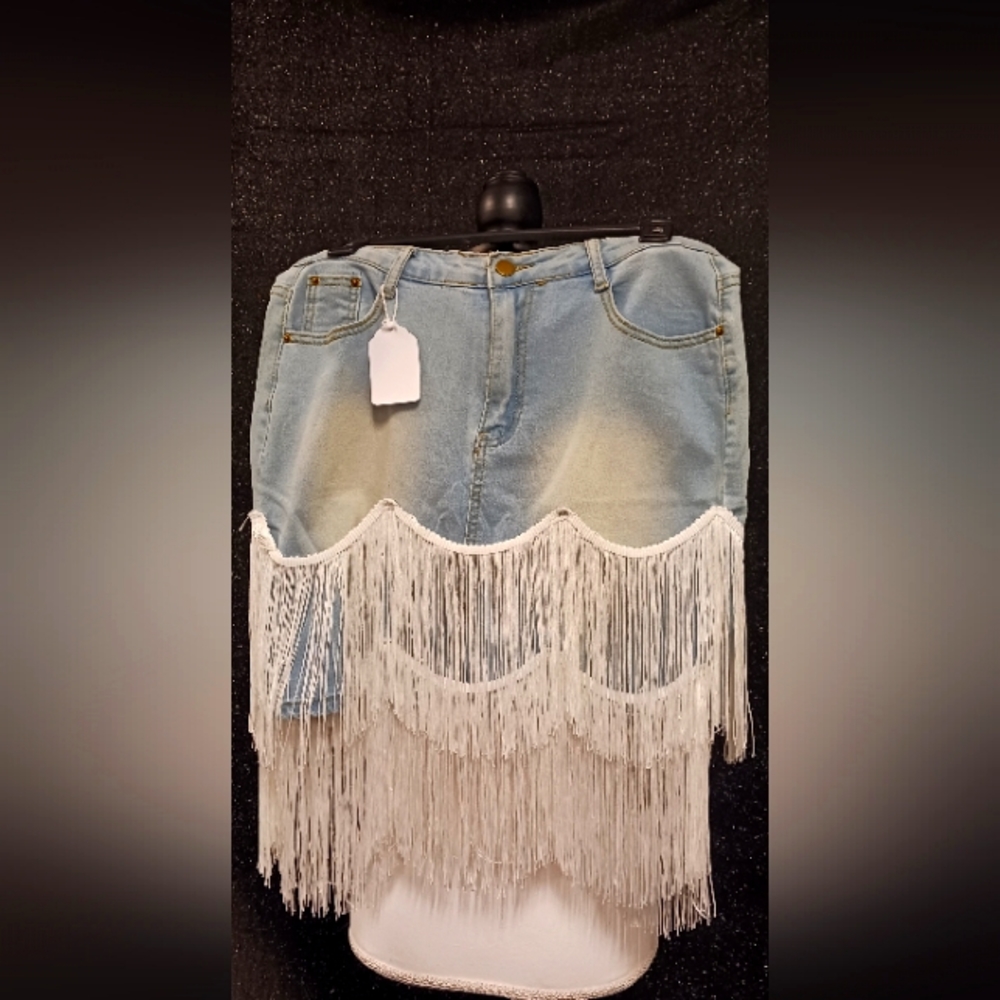 Light Blue Denim Skirt with White Fringes